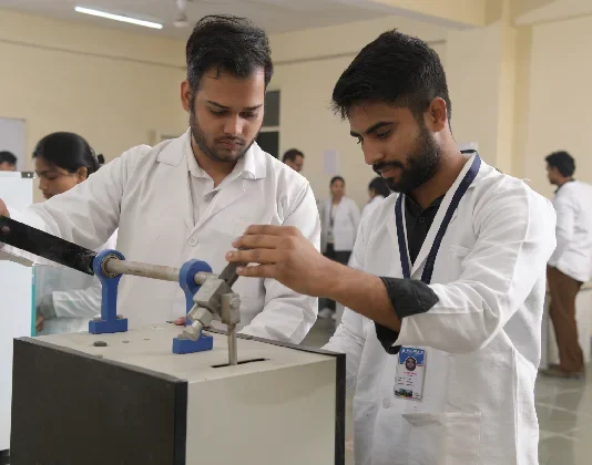 Students operating lab equipment – top private D.Pharm colleges in Delhi NCR